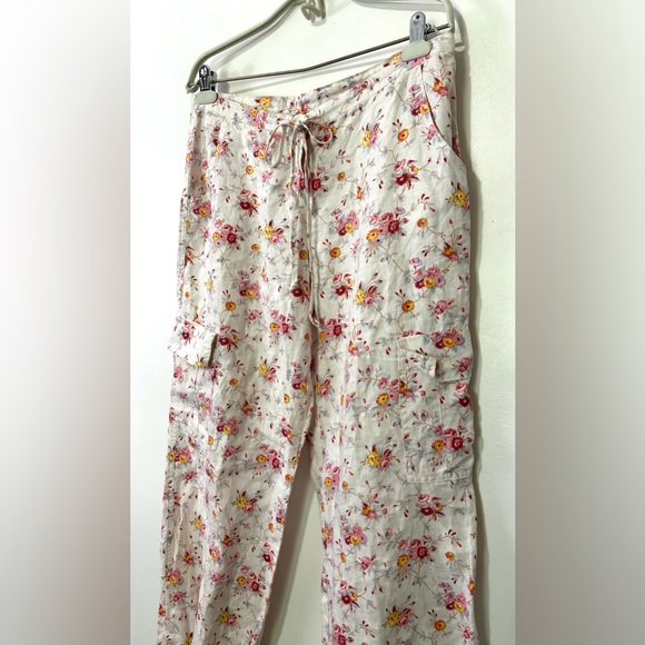 Moda Linen Floral Cargo Pants Size 8 White Pink Natural Y2K Cottagecore Straight - Picture 2 of 7